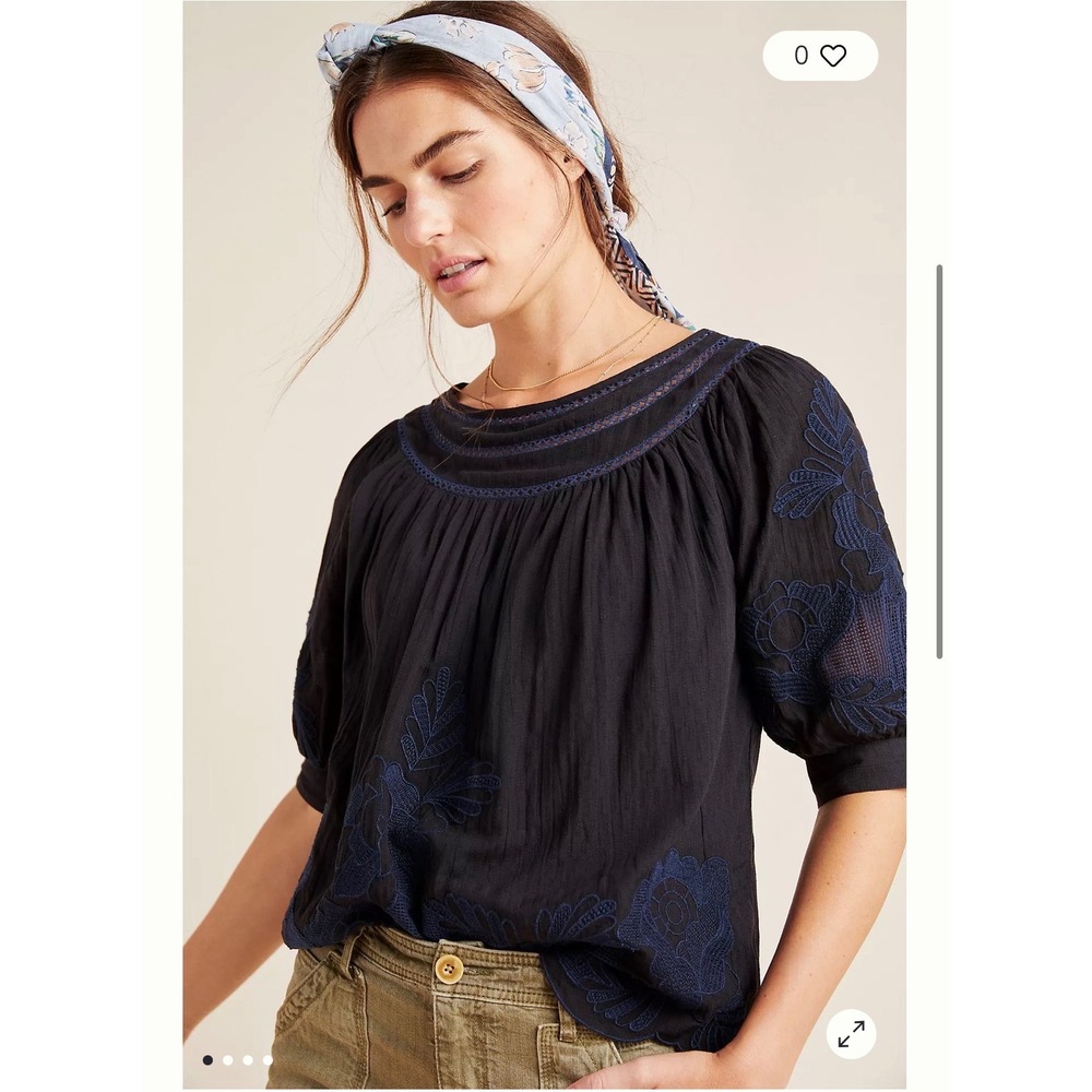 Anthropologie Salma Embroidered Peasant Blouse Black Blue Scalloped Hem Top Sz 8